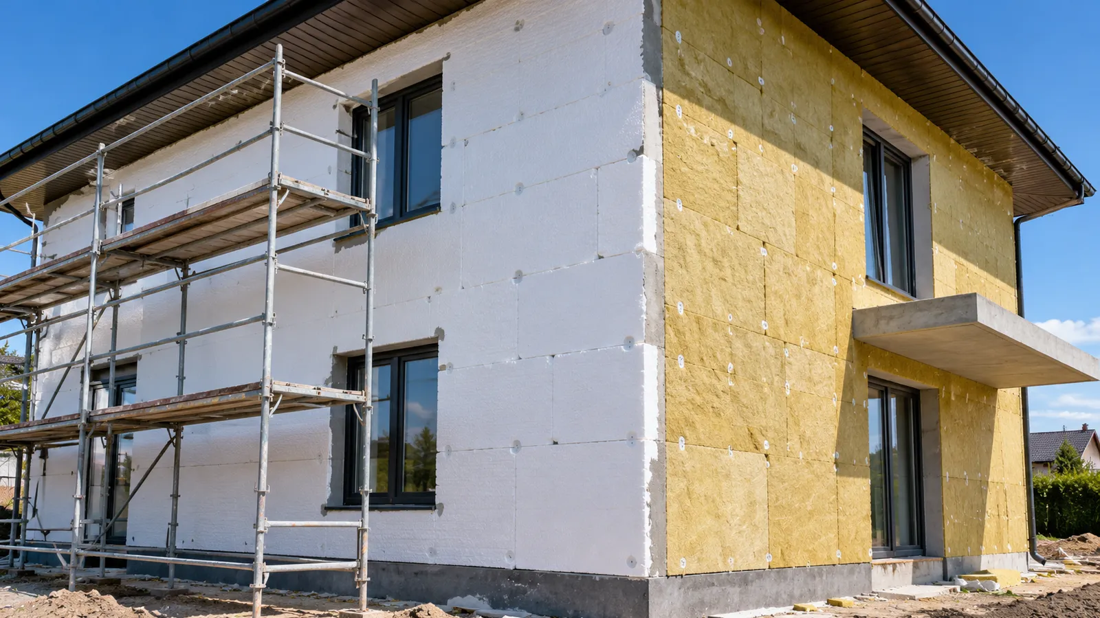 Fațadă de casă în curs de termoizolare, cu plăci de polistiren și plăci de vată minerală